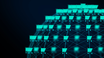 Modern background from store cart signs connected by lines of blue to sphere with blurred black background