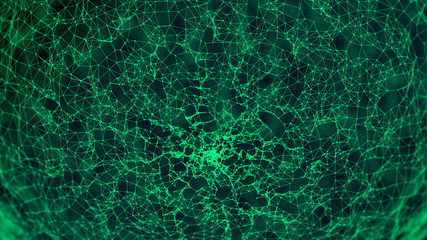 Modern background of dots connected by lines of green colors with blurred black background