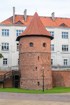 Tower of historical city walls in Braniewo, Poland.