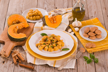 Pumpkin gnocchi with grated amaretti cookies.