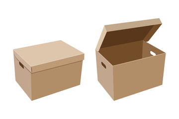 Closed and open cardboard box with slotted hand holes for storage or other purpose isolated on white background. Vector illustration