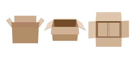 Open empty cardboard box for packaging isolated on white background. Front, side and top view options. Vector illustration