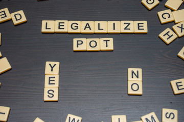 Fototapeta na wymiar The debate to legalize marijuana, weed, or pot is an ongoing issue in Canada and United States. The decision for lawmakers is yes or no. Political and drug concept.