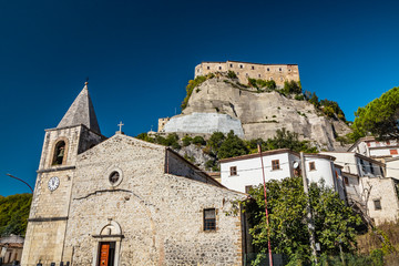 A view of the ancient village of Cerro al Volturno. The Pandone castle stands on top of the hill,...