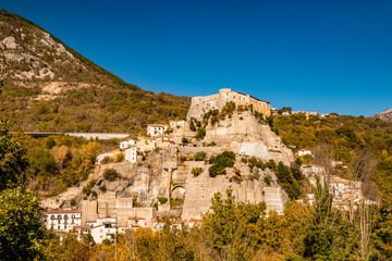 A view of the ancient village of Cerro al Volturno, surrounded by green woods and mountains. The...