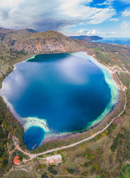 Panorama of the natural lake Kournas at Chania, Crete