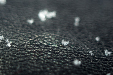 small snowflakes on a black leather glove, close-up, macro photo
