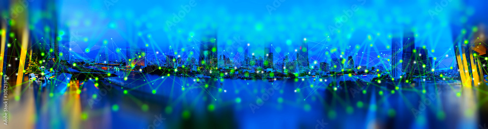Leinwandbilder wireless network and connection technology concept with abstract bangkok city background in panorama