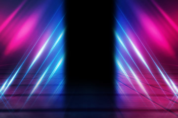 Empty dark abstract background. Background of an empty show scene. Glow of neon lights on an empty stage.