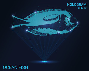Naklejka premium Hologram ocean fish. A holographic projection of aquarium fish. Flickering energy flux of particles. Scientific design water world.