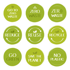 Zero waste labels set, environment protection. Reduce, reuse, recycle stickers collection. No plastic and go green slogan. Vector illustration