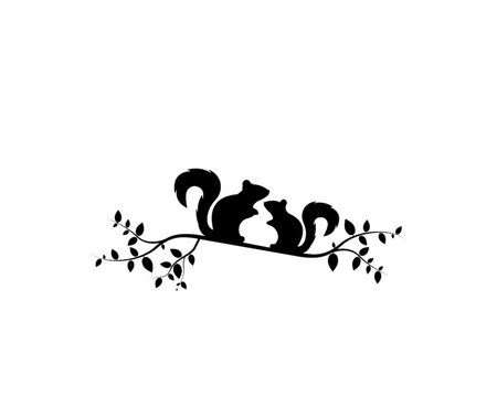 Two squirrels silhouettes on branch illustration, vector. Wall decals, wall art work, poster design isolated on white background. Minimalist background.