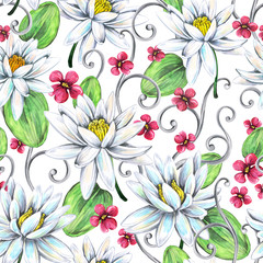 Seamless pattern with lotuses. Hand drawing watercolor.