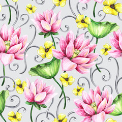 Lotus flowers seamless pattern. Watercolor botanical illustration.