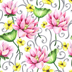Seamless pattern with lotuses. Hand drawing watercolor. White background.