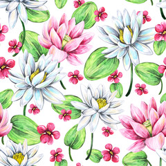 Seamless pattern with lotuses. Hand drawing watercolor. White background.
