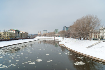 Winter snowy day in Vilnius, panoramic view of the city.