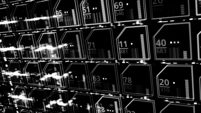 Electronic components on a circuit board, monochrome. Animation. Black and white display with multiple connections, seamless loop.