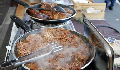 Beef veal shank cooking competition. Hot pan with veal shank