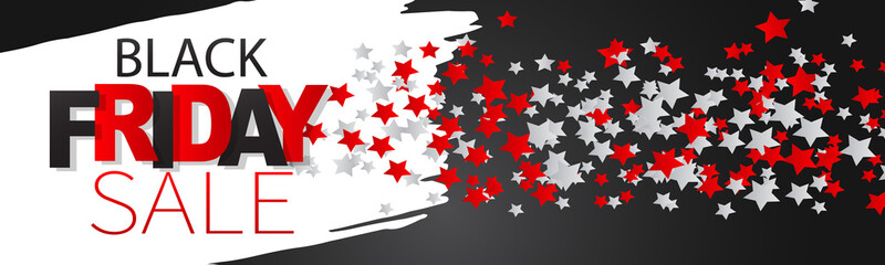 Black Friday sale banner. Website or newsletter header. Special offer discount. Silver background with pain brush stroke and stars. Vector illustration.