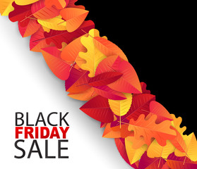 Black Friday sale banner. Special offer discount. Autumn leaves decoration. Vector illustration.