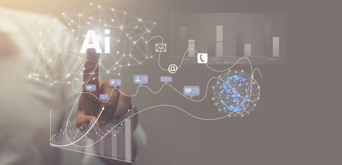 Visual effects. Future technology touch screen interface. Handsome businessman in shirt touching screen interface, drawing a chart in futuristic office. 