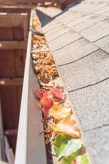 Colorful green, yellow, orange, red autumn leaves clogged gutter of suburban house near Dallas