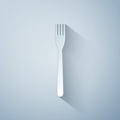 Paper cut Fork icon isolated on grey background. Paper art style. Vector Illustration