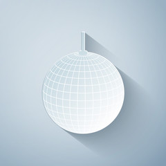 Paper cut Disco ball icon isolated on grey background. Paper art style. Vector Illustration
