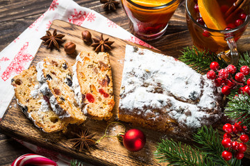 Stollen traditional Christmas ftuitcake with dried fruit and nut