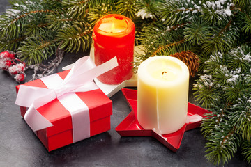 Christmas card with fir tree, gift and candles