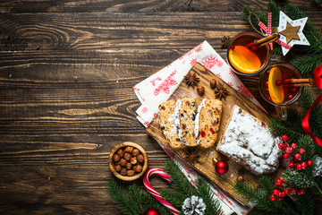 Stollen traditional Christmas ftuitcake with dried fruit and nut