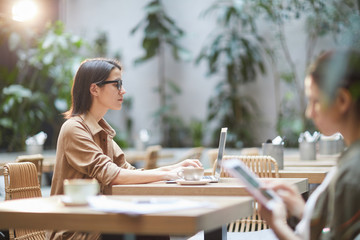Side view portrait of elegant businesswoman using laptop while sitting at table in outdoor cafe,...