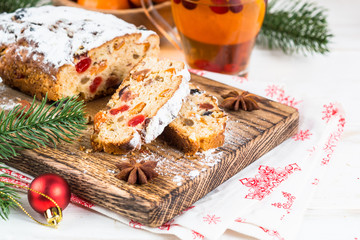 Stollen traditional Christmas ftuitcake with dried fruit and nut
