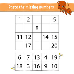 Paste the missing numbers. Game for children. Handwriting practice. Learning numbers for kids. Education developing worksheet. Activity page. Isolated vector illustration in cute cartoon style