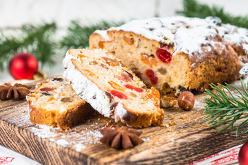 Stollen traditional Christmas ftuitcake with dried fruit and nut