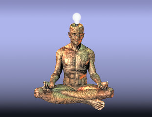 Cyborg Meditation. Droid in lotus pose hovers over water surface