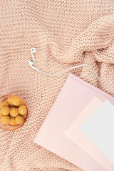 feminine cozy flatlay planner headphone paper mockup sweets me time thinking top view
