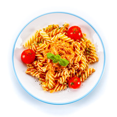 Pasta fusilli with pesto and vegetables