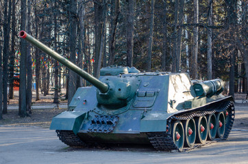 Ulyanovsk / Russia - 11 24 2019: SU-100 (Samokhodnaya Ustanovka 100). Soviet tank destroyer armed...