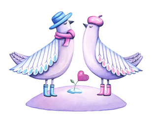 Romantic love birds in the winter time. Cute background for Valentines day, winter or Christmas designs. Watercolor illustration isolated on white background.