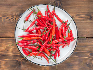 Top view of the white plate of hot chili pepper on wooden background