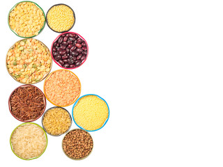 Top view of cereals and grains in bowls isolated on white background