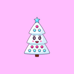 Cartoon kawaii Christmas tree with Admiring face. Cute white Christmas tree with decorations