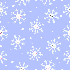 Vector graphics. Adorable, cute pattern with snowflakes. Funny characters. Flat cartoon illustration. Kawaii emoticons. Light background. 