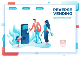 Fototapeta na wymiar Reverse vending cartoon concept, people put plastic bottle and aluminum can into machine, ecology flat vector illustration, garbage disposal, recycling, environment protection