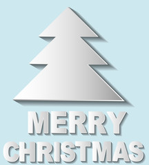 Obraz premium Christmas card with Christmas tree on paper style on bright background with white elements and words merry Christmas