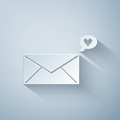 Paper cut Envelope with Valentine heart icon isolated on grey background. Message love. Letter love and romance. Paper art style. Vector Illustration