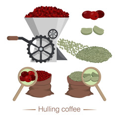 Hulling coffee. Agregat for peeling coffee beans from the pulp - obrazy, fototapety, plakaty
