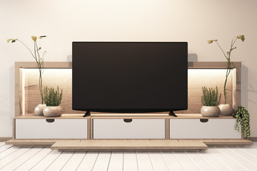 Tv cabinet in modern empty room wall shelf design hidden light Japanese - zen style,minimal designs. 3D rendering